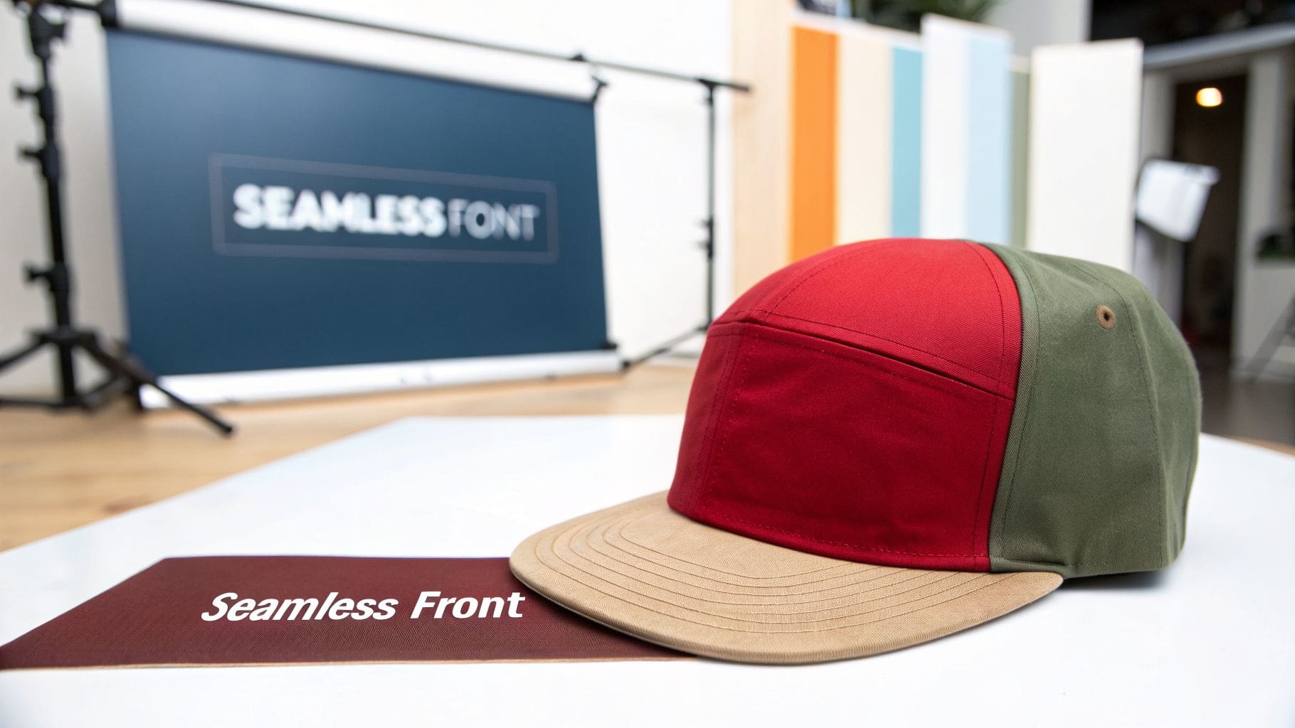 A colorful red, olive green, and tan 5-panel hat displayed on a white surface with "Seamless Front" text.
