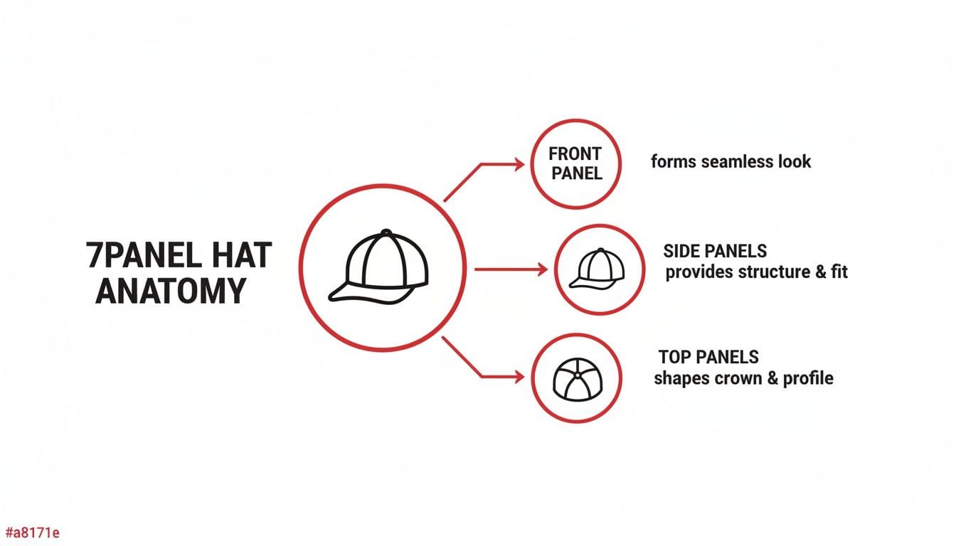 Diagram illustrating the 7-panel hat anatomy, detailing its front, side, and top panels with functions.