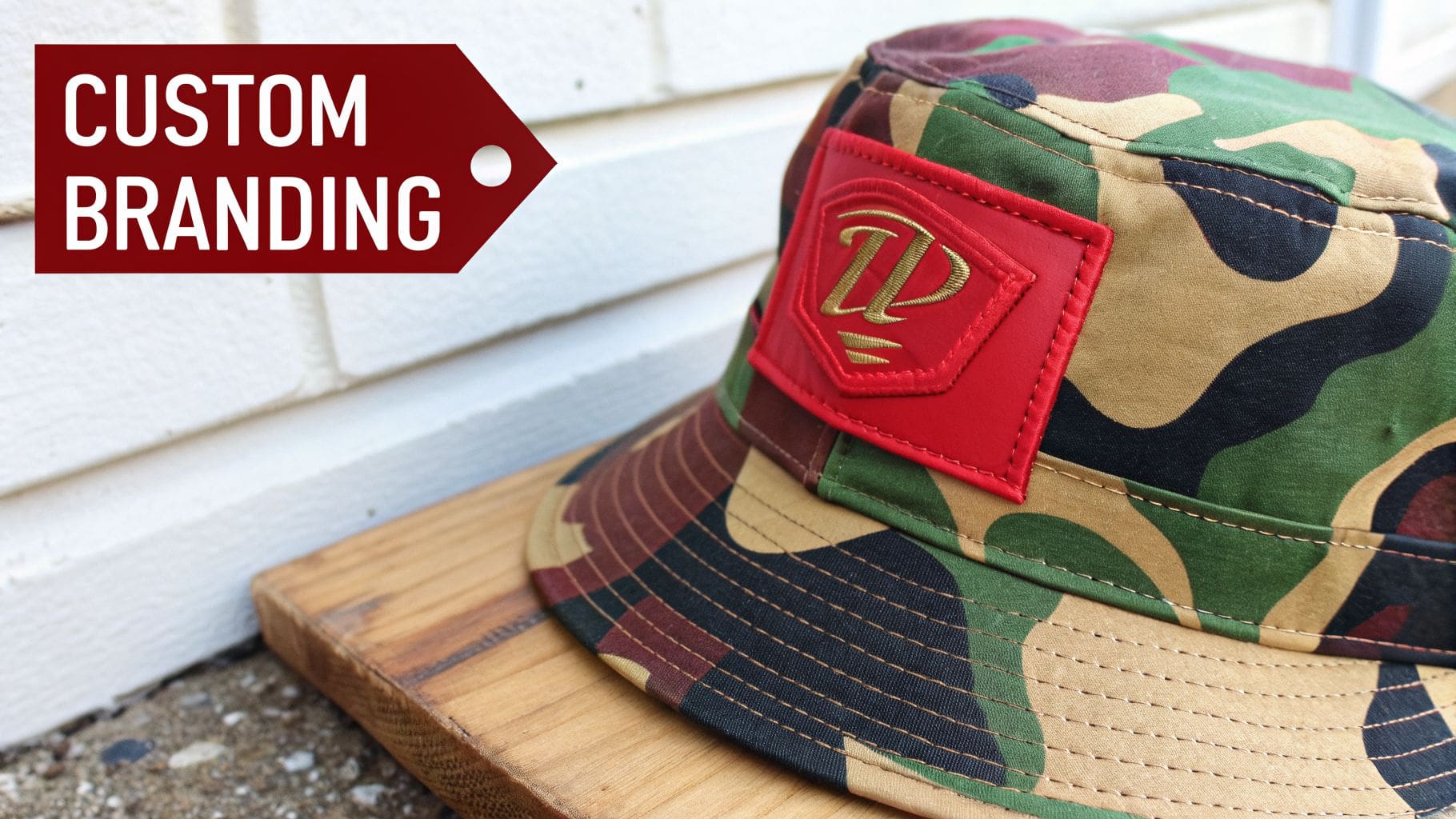 Close-up of a camo bucket hat with a branded red patch and custom branding tag.