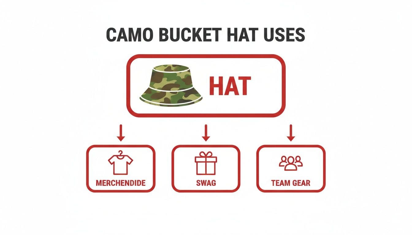 Flowchart detailing uses of a camo bucket hat for merchandise, swag, and team gear.