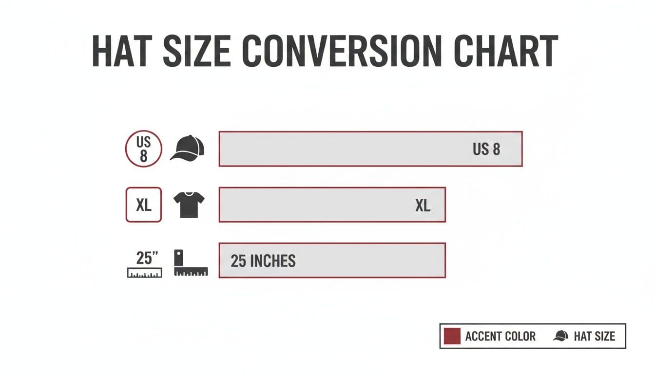 Hat size conversion chart displaying US 8, XL, and 25 inches measurements for different apparel.