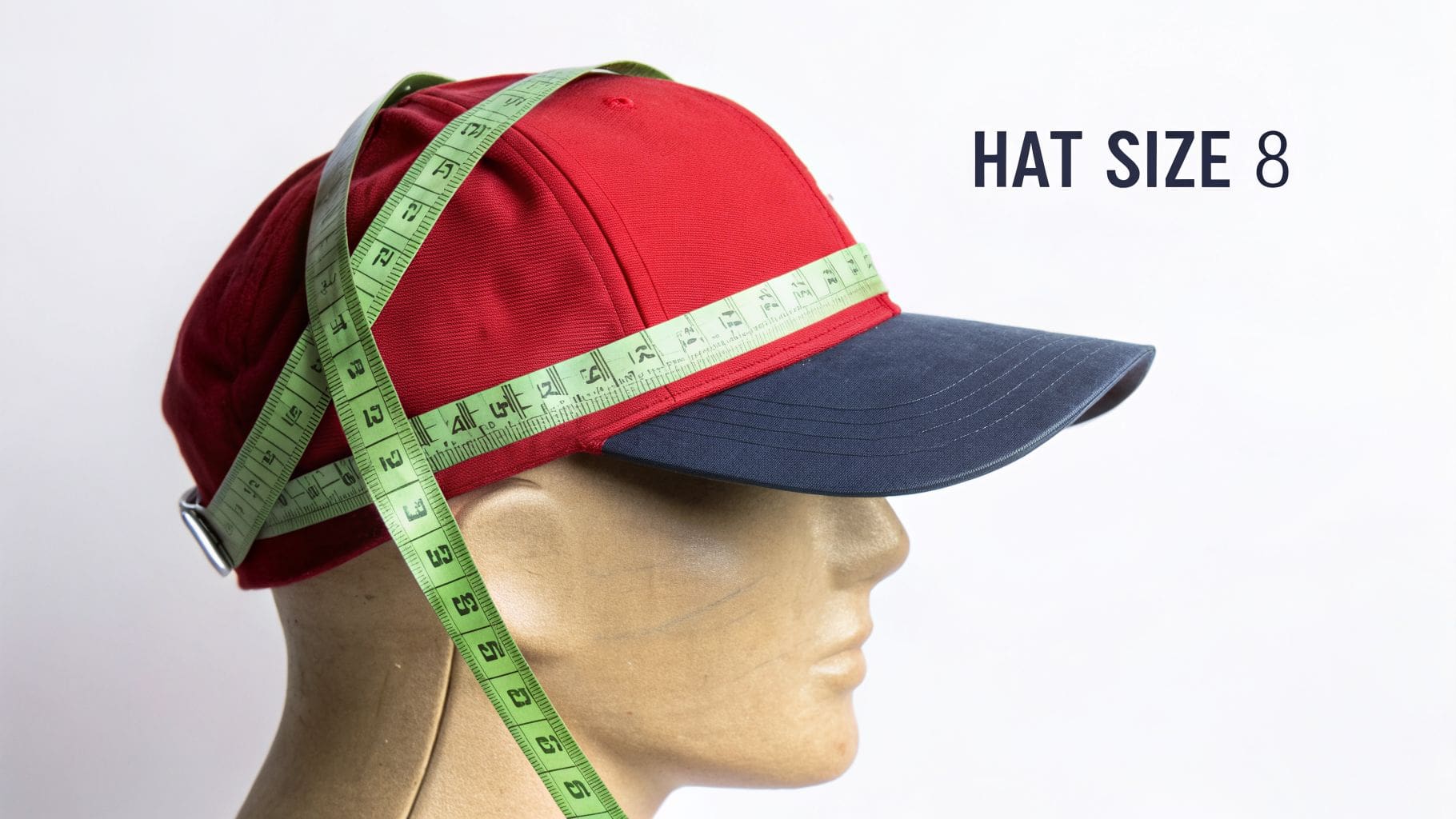 A red and blue baseball cap on a mannequin head with a green measuring tape, indicating hat size 8.