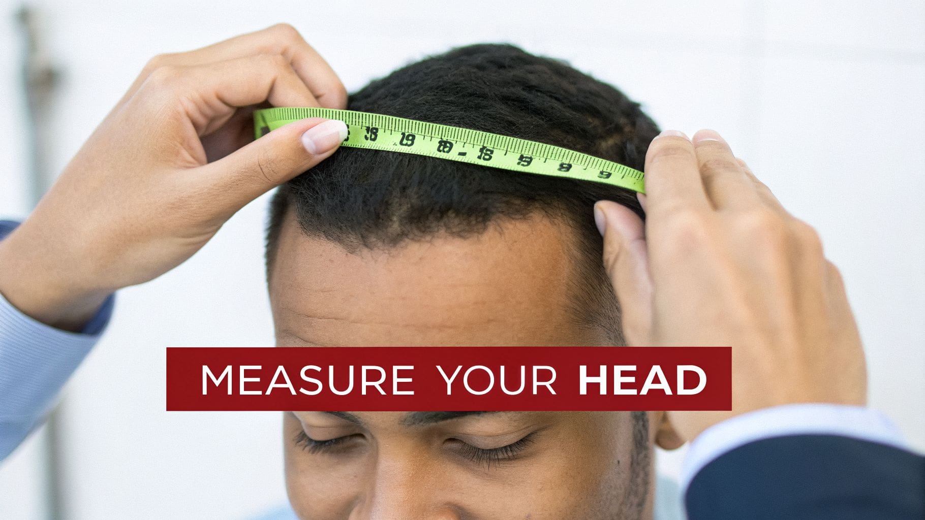 A close-up of a person measuring their head with a green tape measure, with text 'MEASURE YOUR HEAD'.