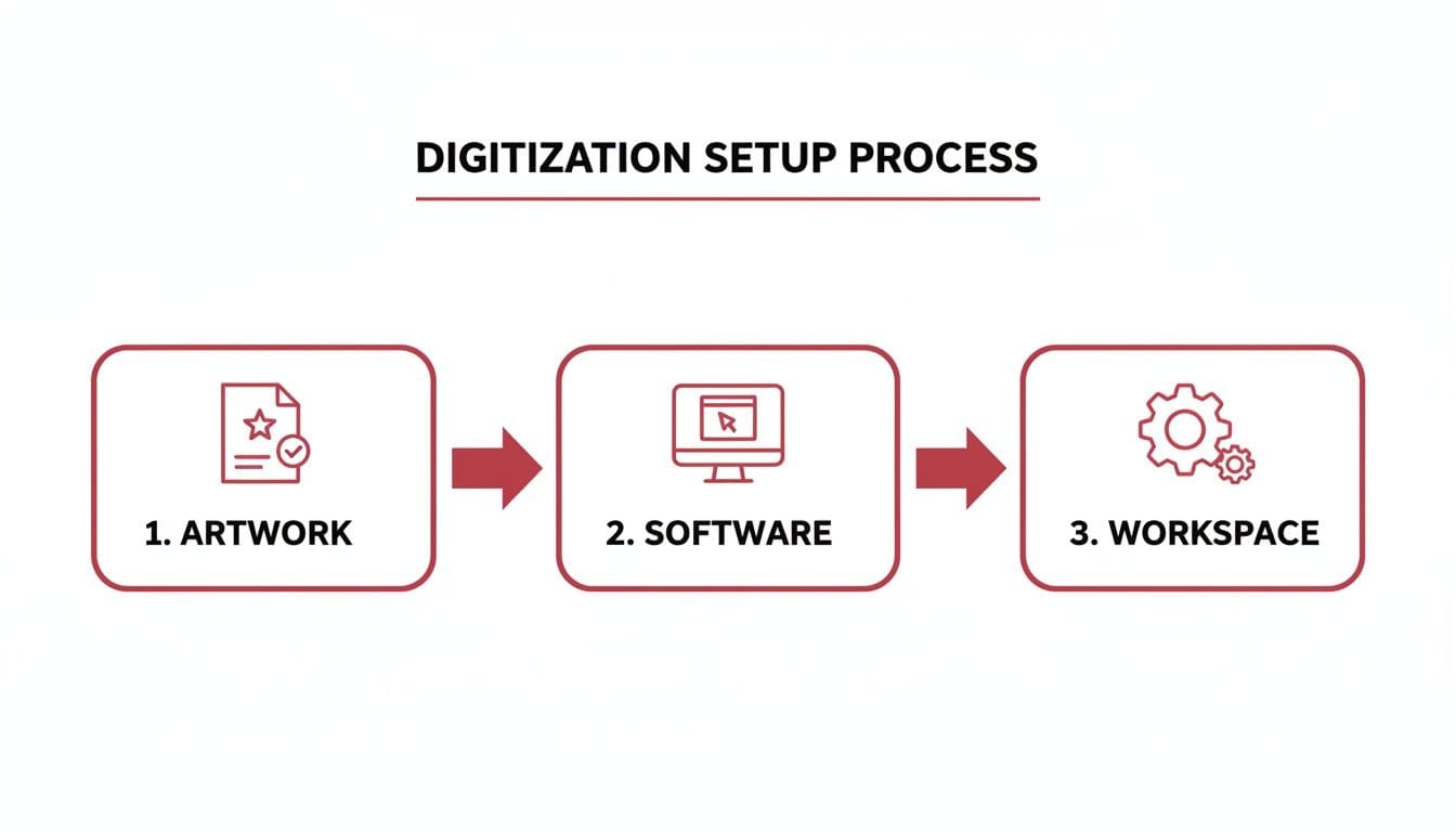 A three-step flowchart outlining the digitization setup process: Artwork, Software, and Workspace, each with a relevant icon.