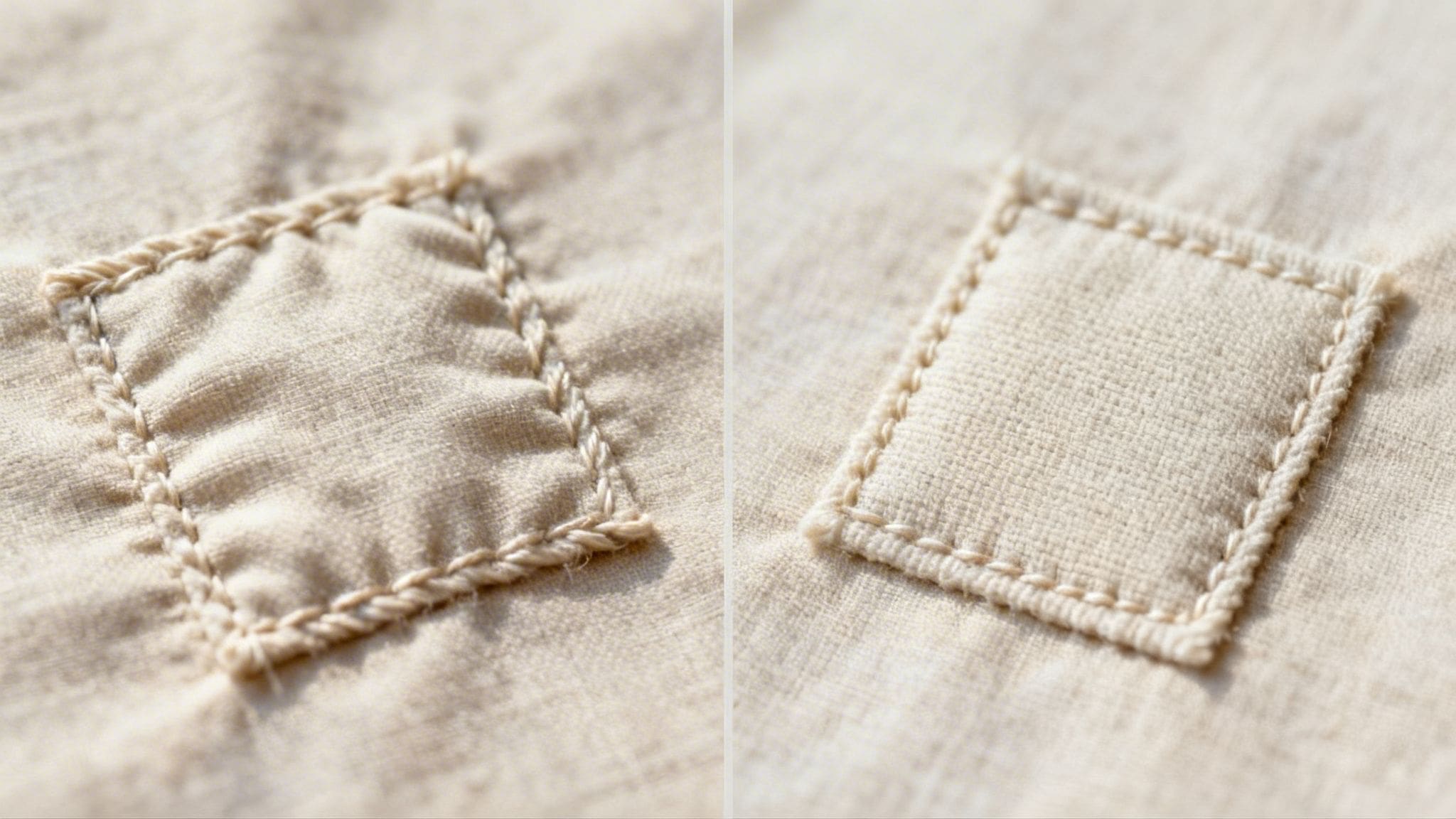 Close-up of two beige fabric patches, one with a braided stitch and the other with a running stitch.