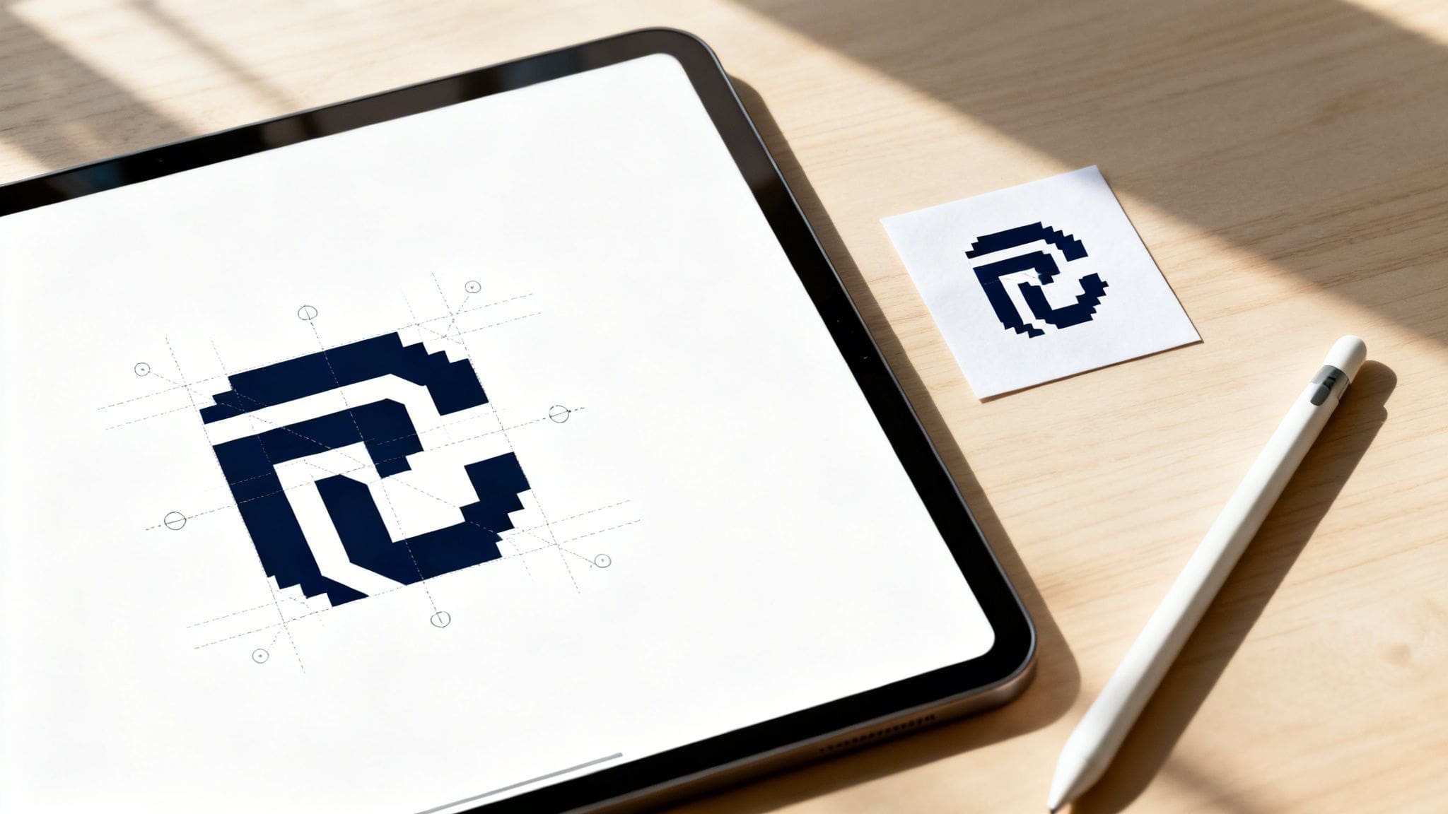 A digital tablet displays a pixelated logo design with grid lines, beside a printed logo and a stylus on a wooden desk.