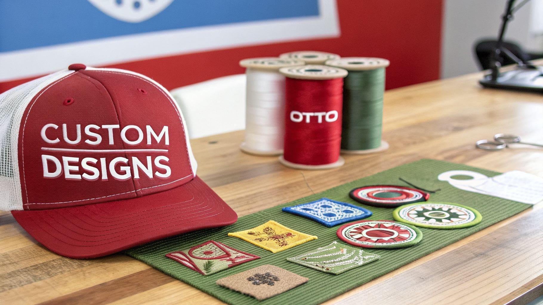 A red and white Otto trucker hat with 'CUSTOM DESIGNS' embroidery, surrounded by colorful thread spools and various embroidered patches on a wooden table.