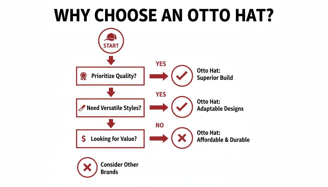 A flowchart detailing reasons to choose an Otto hat, emphasizing superior build, adaptable designs, and value.