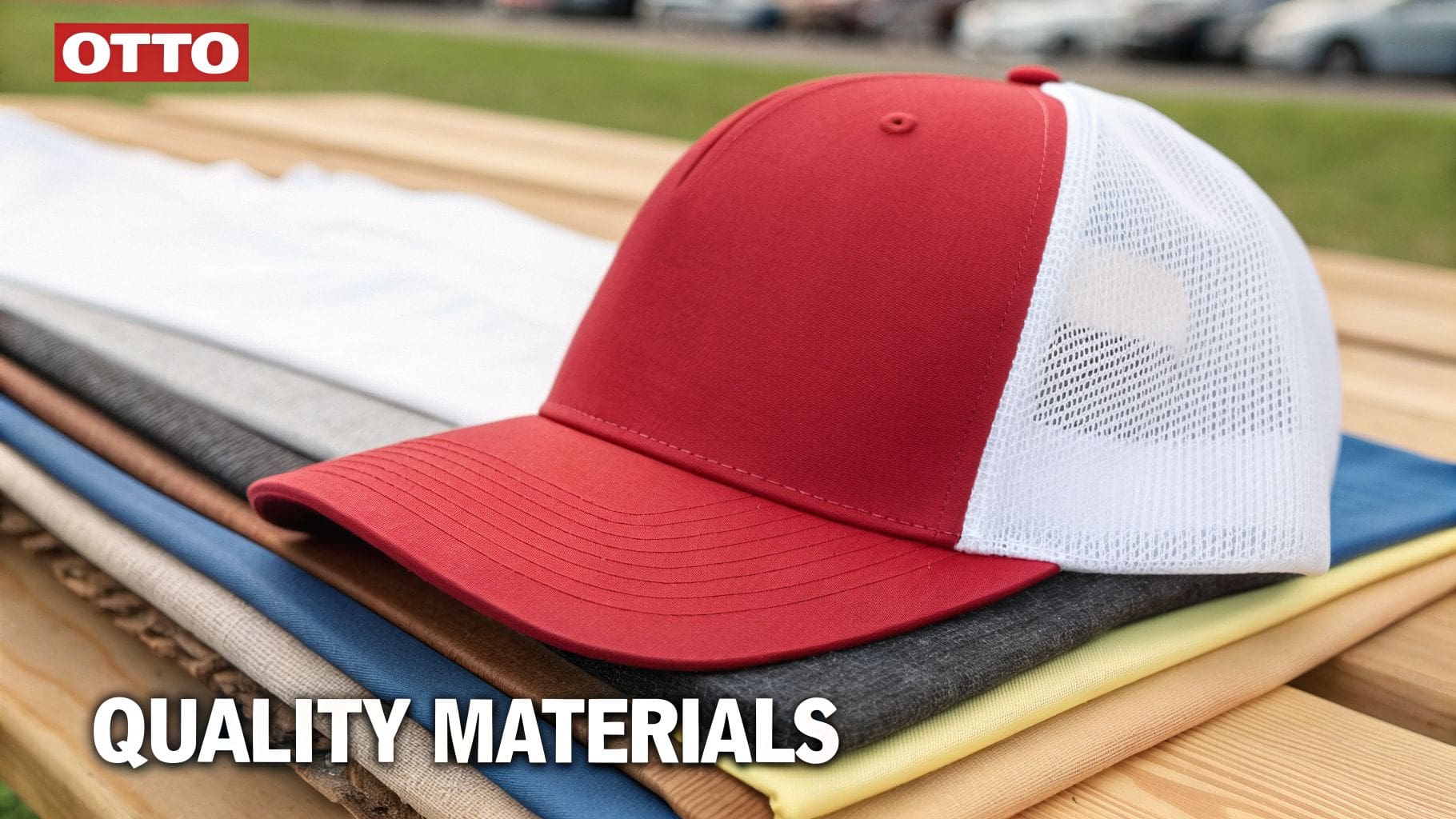 A red and white Otto trucker hat rests on a stack of colorful fabric swatches, showcasing quality materials.