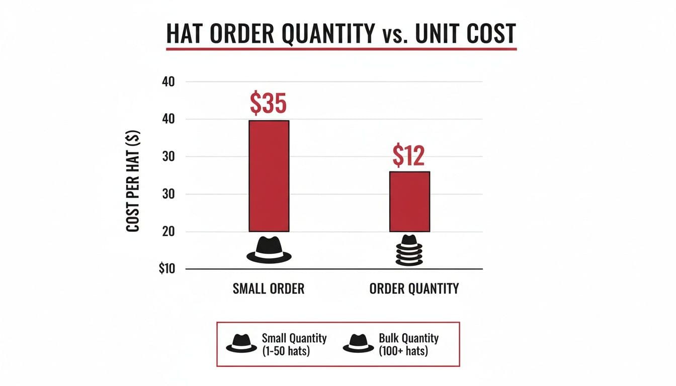Bar chart illustrating hat unit cost: $35 for small orders (1-50 hats) and $12 for bulk (100+ hats).