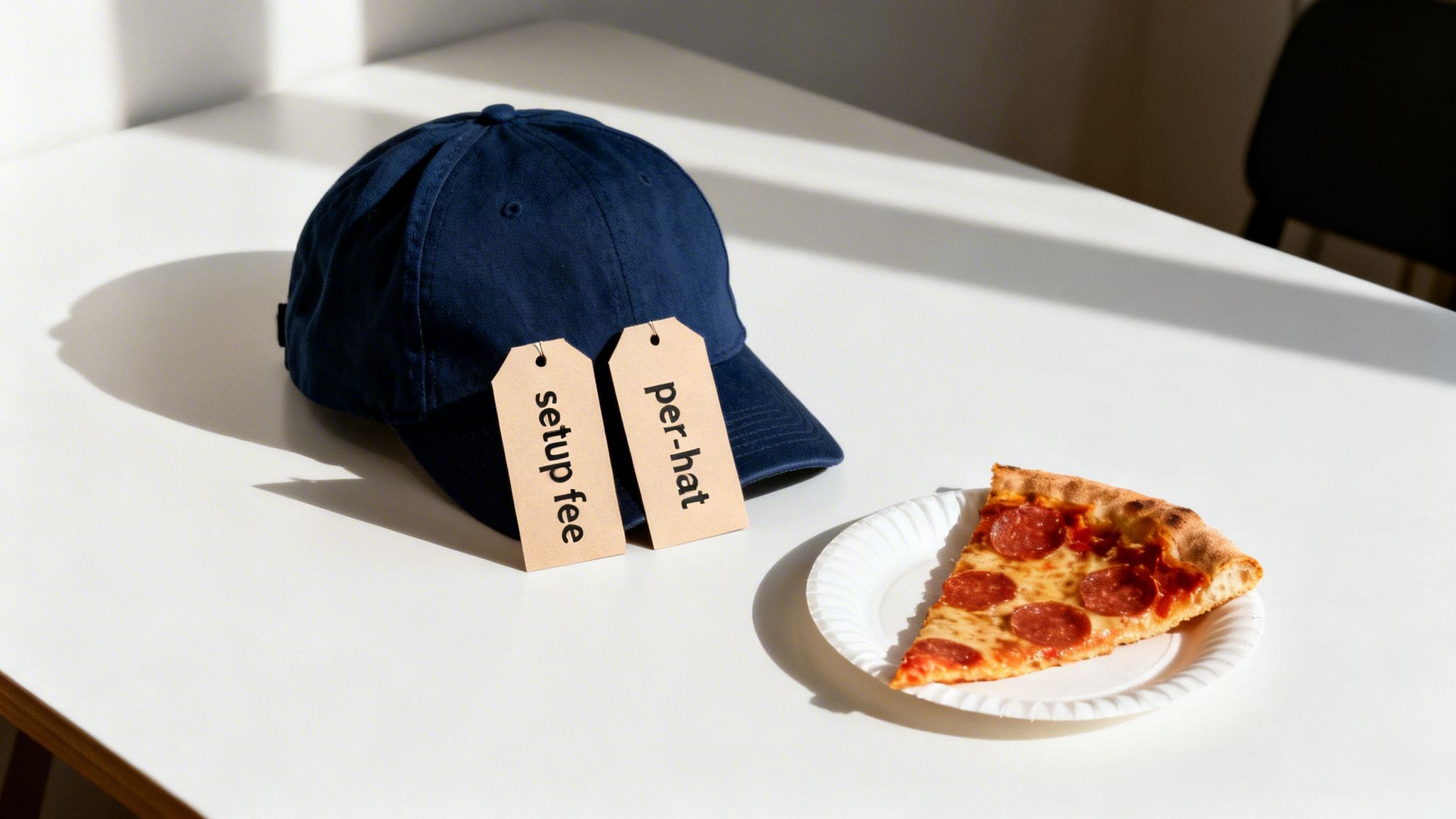 Blue baseball cap with 'setup fee' and 'per-hat' tags, beside a pepperoni pizza slice on a white table.