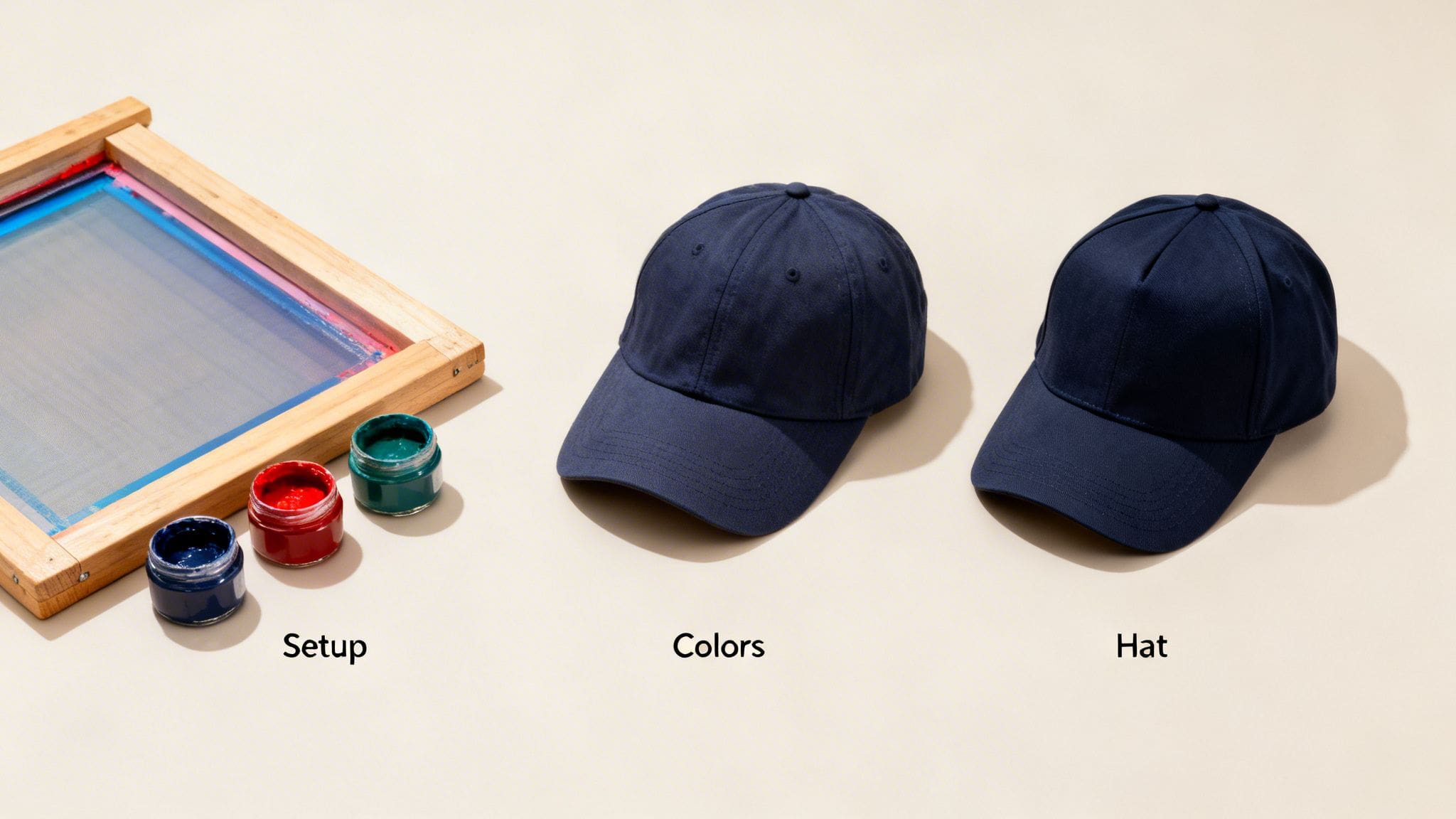 A screen printing frame, colorful inks in jars, and two blank navy blue caps on a beige surface.