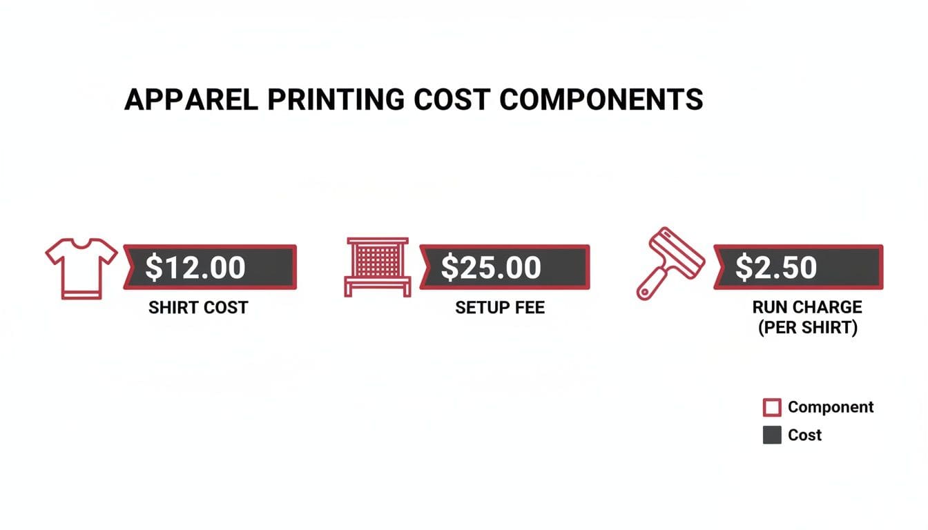 Apparel printing cost breakdown showing shirt cost, setup fee, and per-shirt run charge.