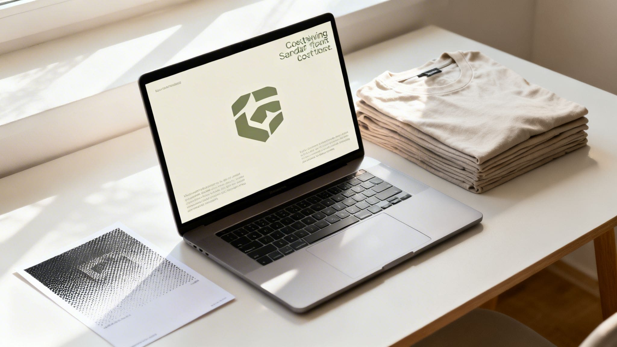 Laptop displaying a brand logo and design, next to a stack of folded beige t-shirts.