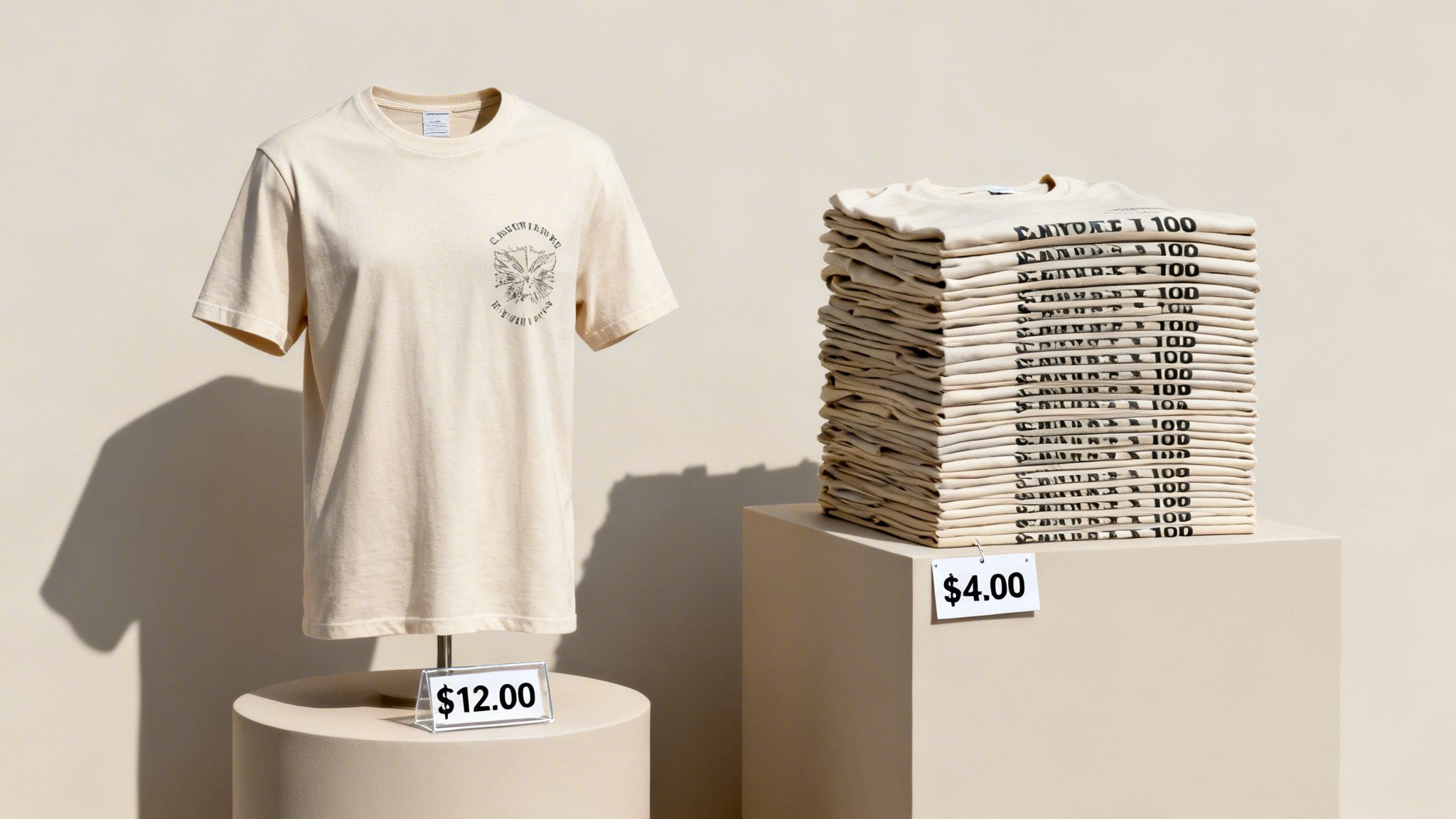 Two displays of cream-colored t-shirts, one on a mannequin for $12 and a stack for $4.
