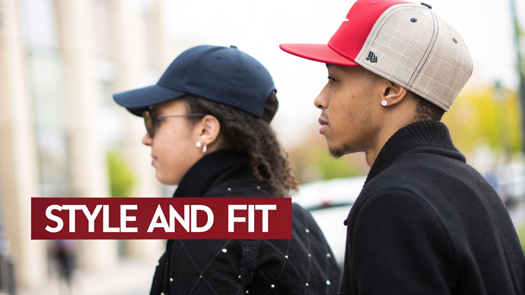 Two people wear different baseball caps, a navy unstructured cap and a red and beige structured cap.