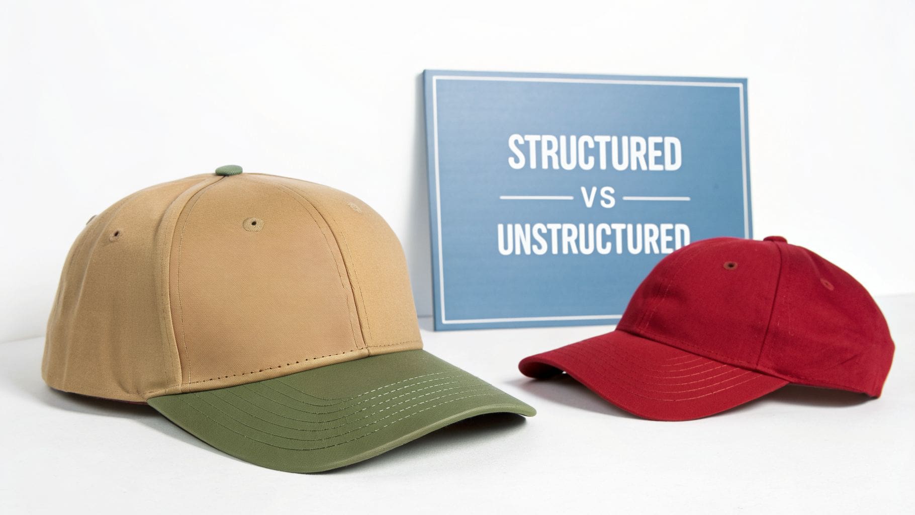 Two baseball caps, a structured tan and an unstructured red, illustrating structured vs unstructured hats.