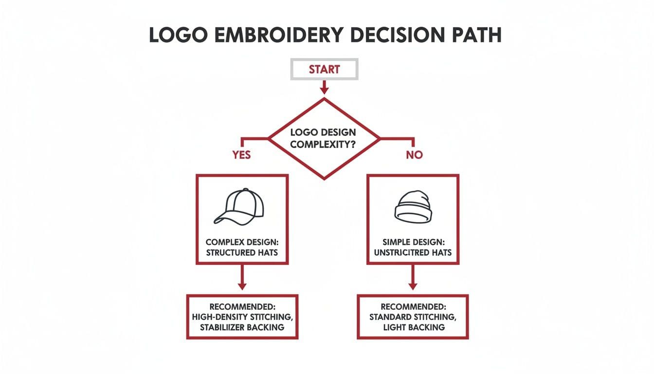 Decision path flowchart for logo embroidery, guiding choices for structured and unstructured hats.