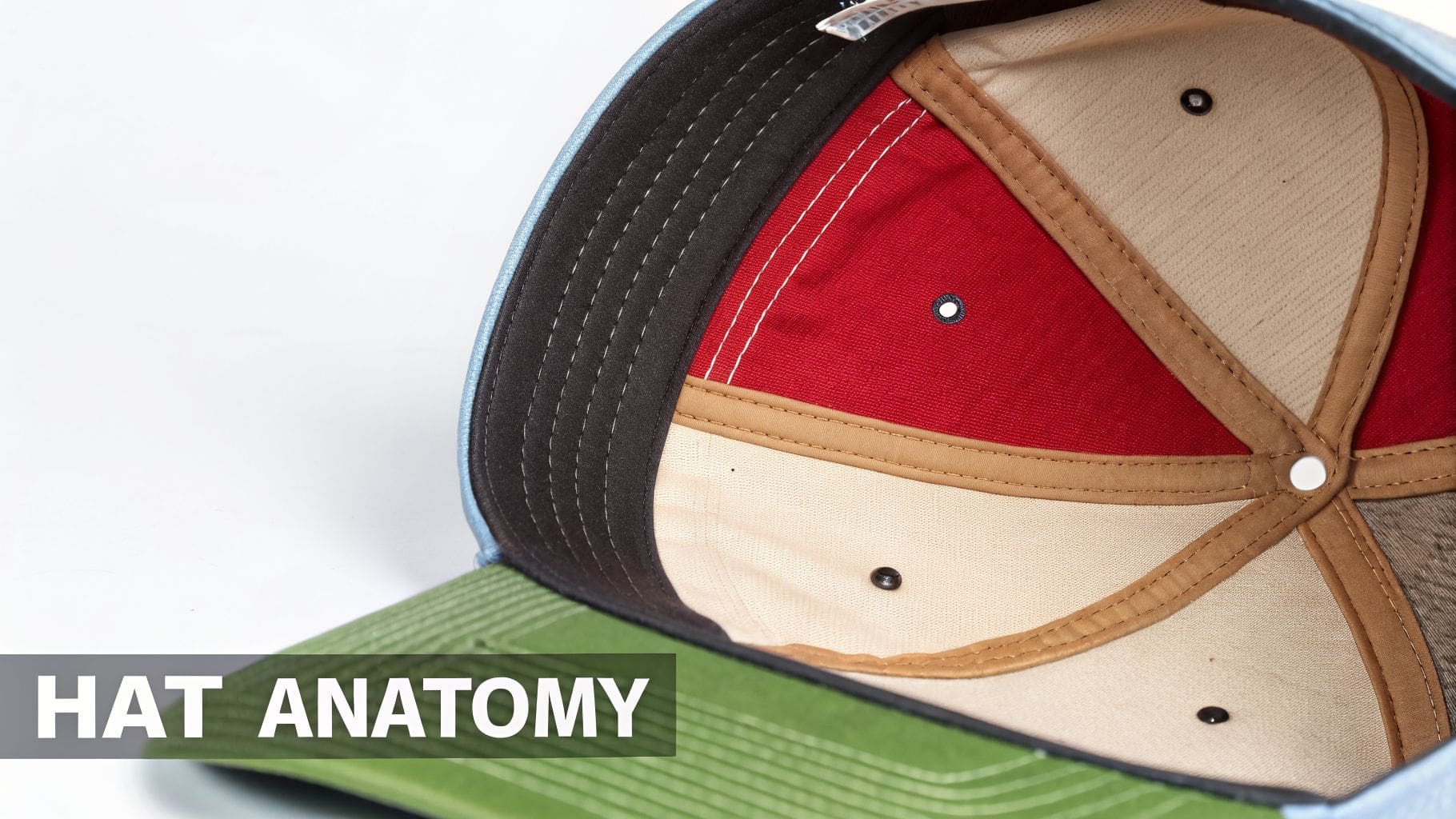 Close-up of the inside of a hat, revealing its various panels, seams, and sweatband, with 'HAT ANATOMY' text.