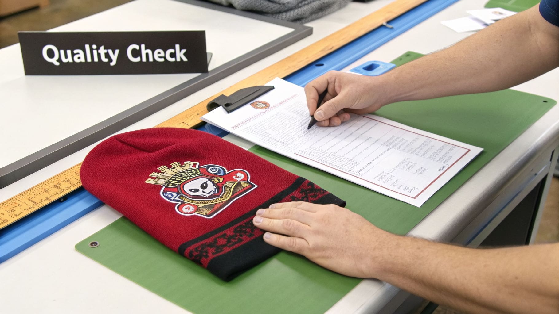 A person performs a quality check on a red beanie, recording details on a checklist at a table.