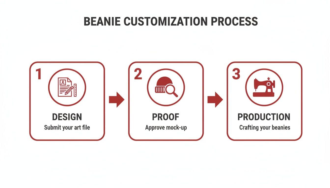 A three-step process for beanie customization, showing design, proof, and production with icons.