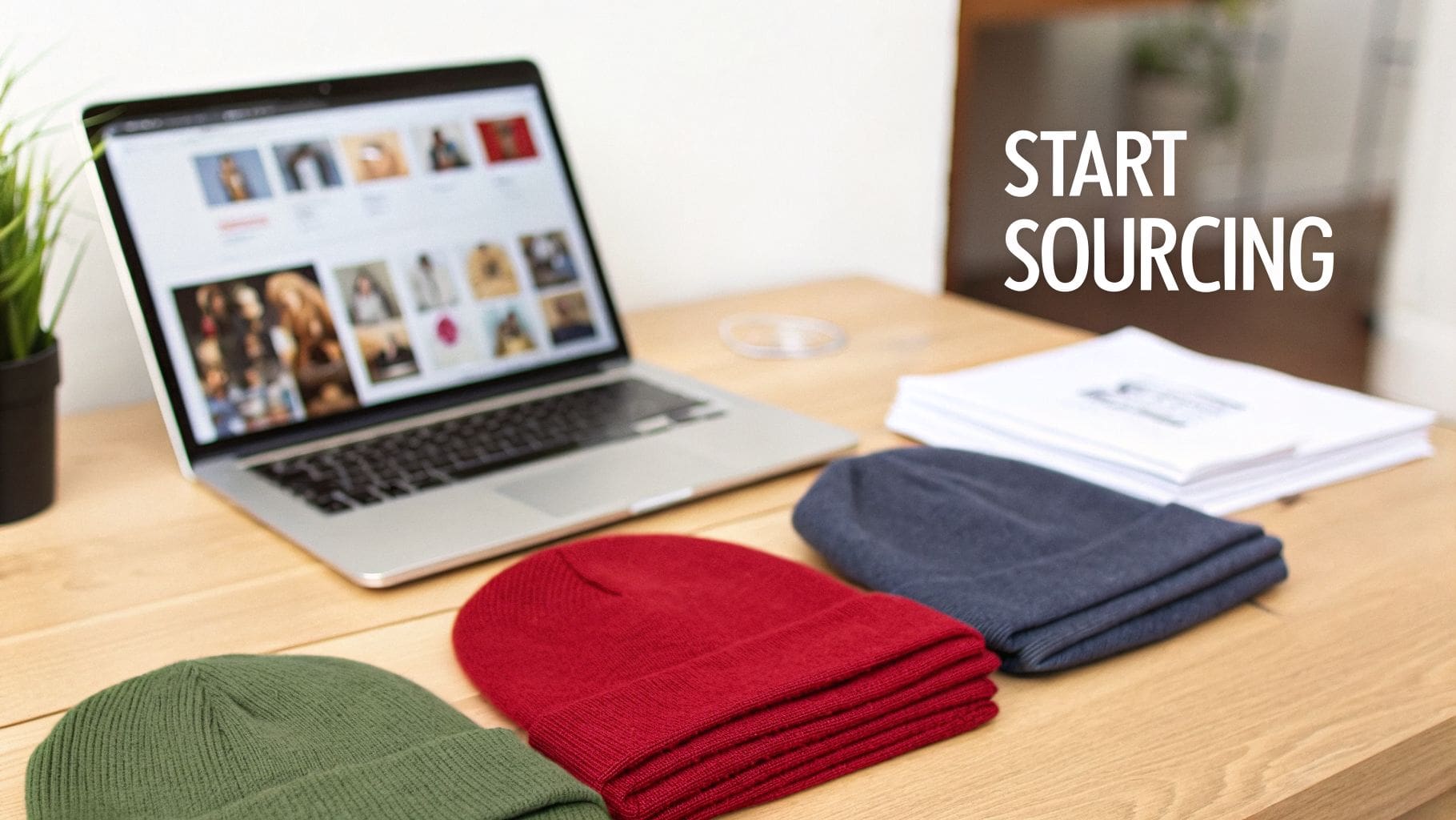 A laptop displaying product options, three colorful beanies, and documents on a wooden desk with 'START SOURCING' text.