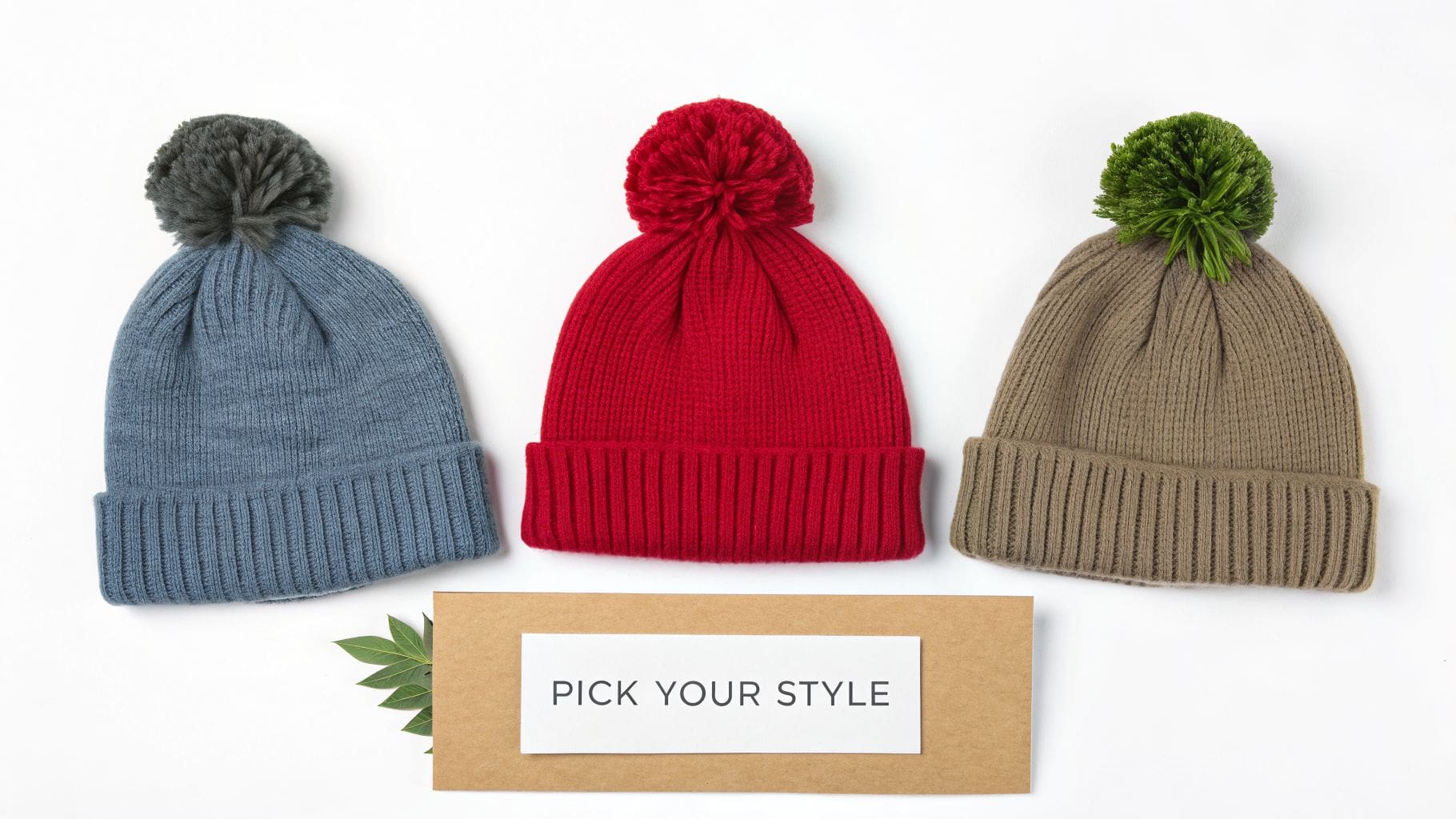 Three colorful knitted winter beanies with pom-poms, displayed with a 'Pick Your Style' sign.