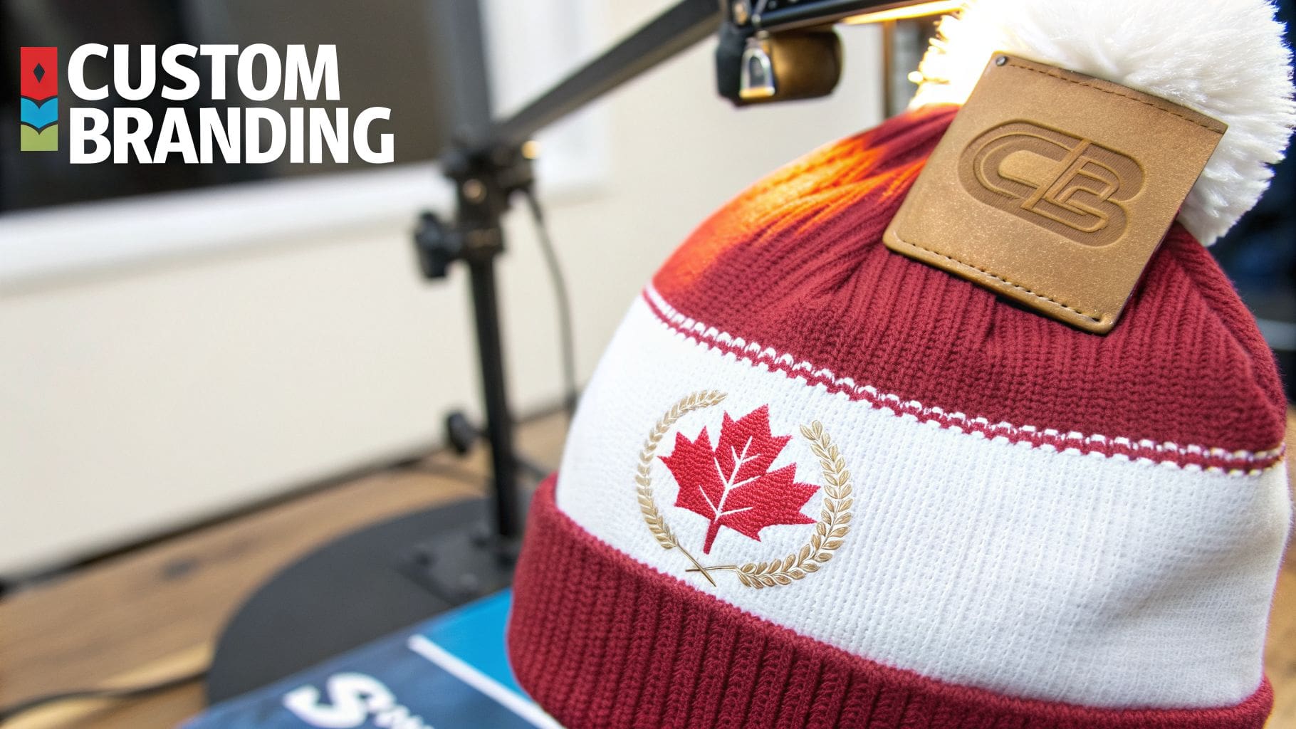 Red and white winter beanie with embroidered maple leaf and "CB" leather tag, promoting custom branding.