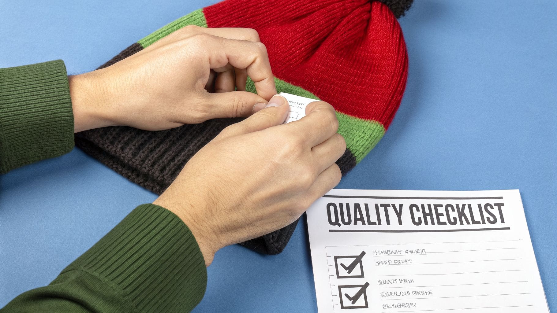 Hands inspecting a red, green, and black striped winter hat, with a quality checklist nearby.