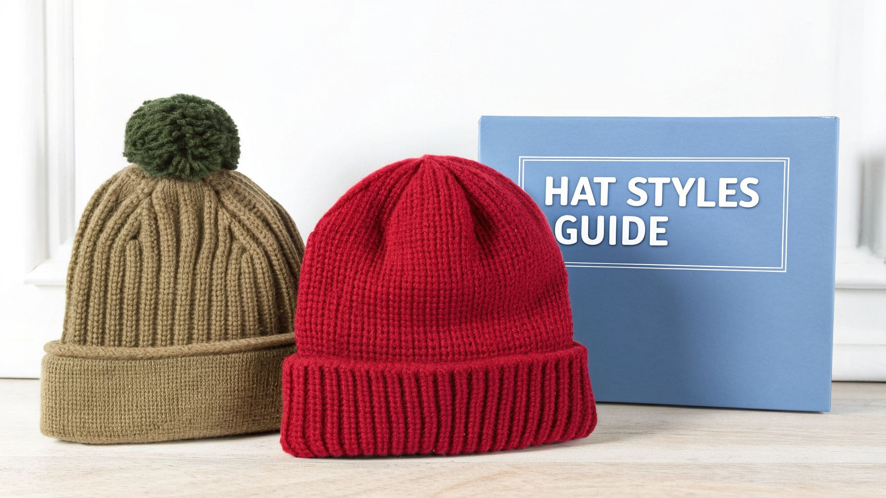 Two knitted winter hats, one brown with a green pom-pom, one red, next to a 'Hat Styles Guide' book.