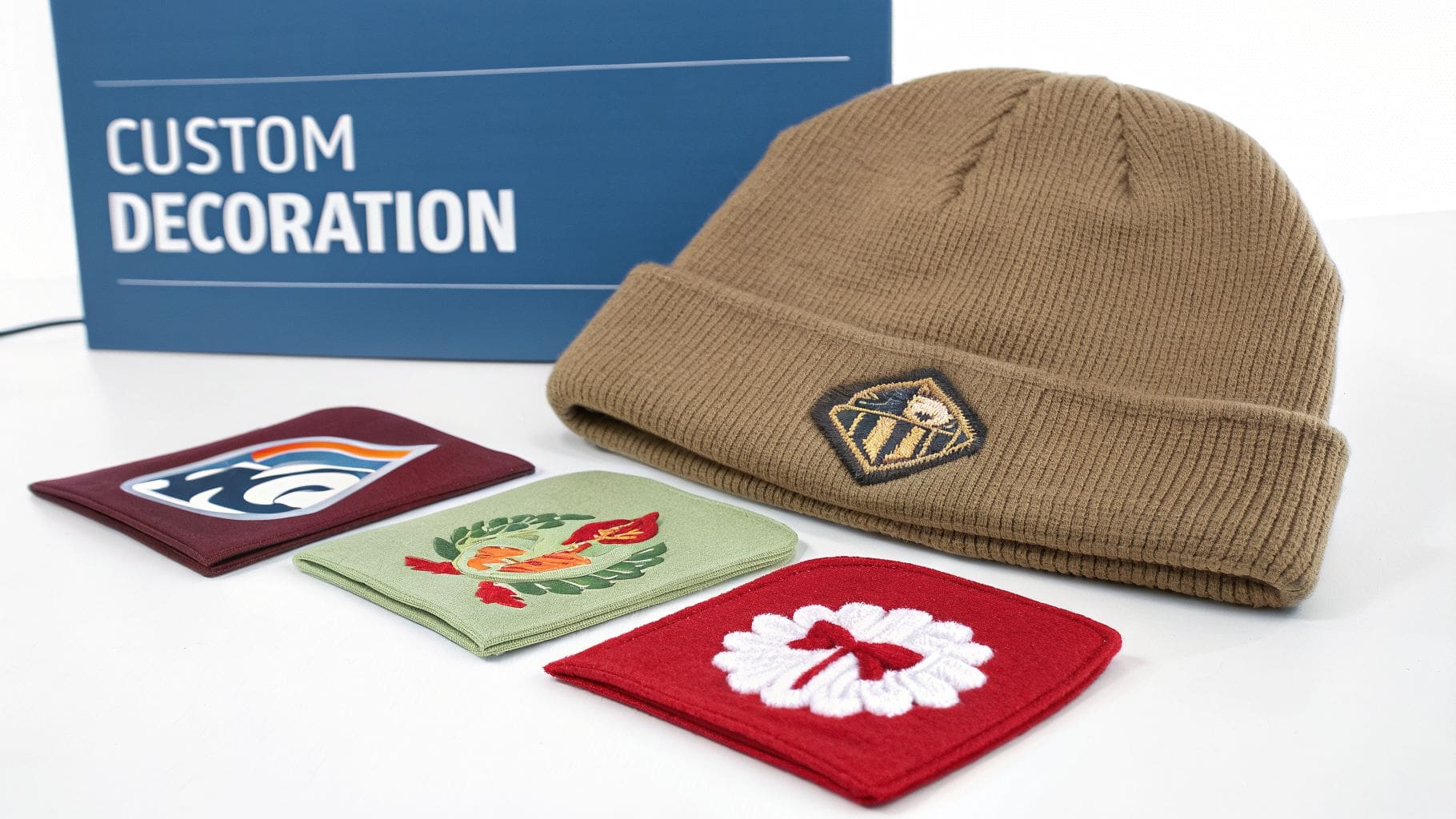 Custom decorated brown beanie and colorful embroidered patches on a white surface.