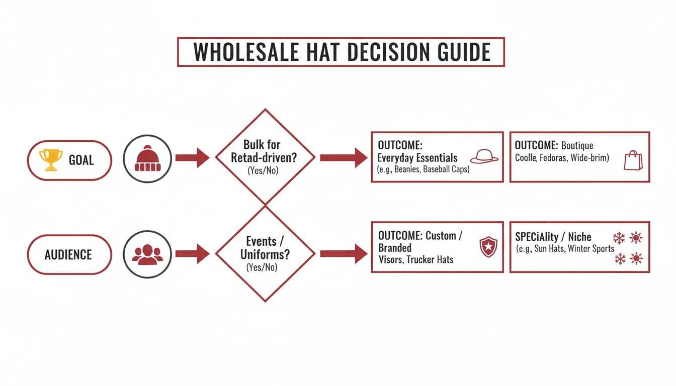 A wholesale hat decision guide flowchart for retail, custom, boutique, and specialty hats.