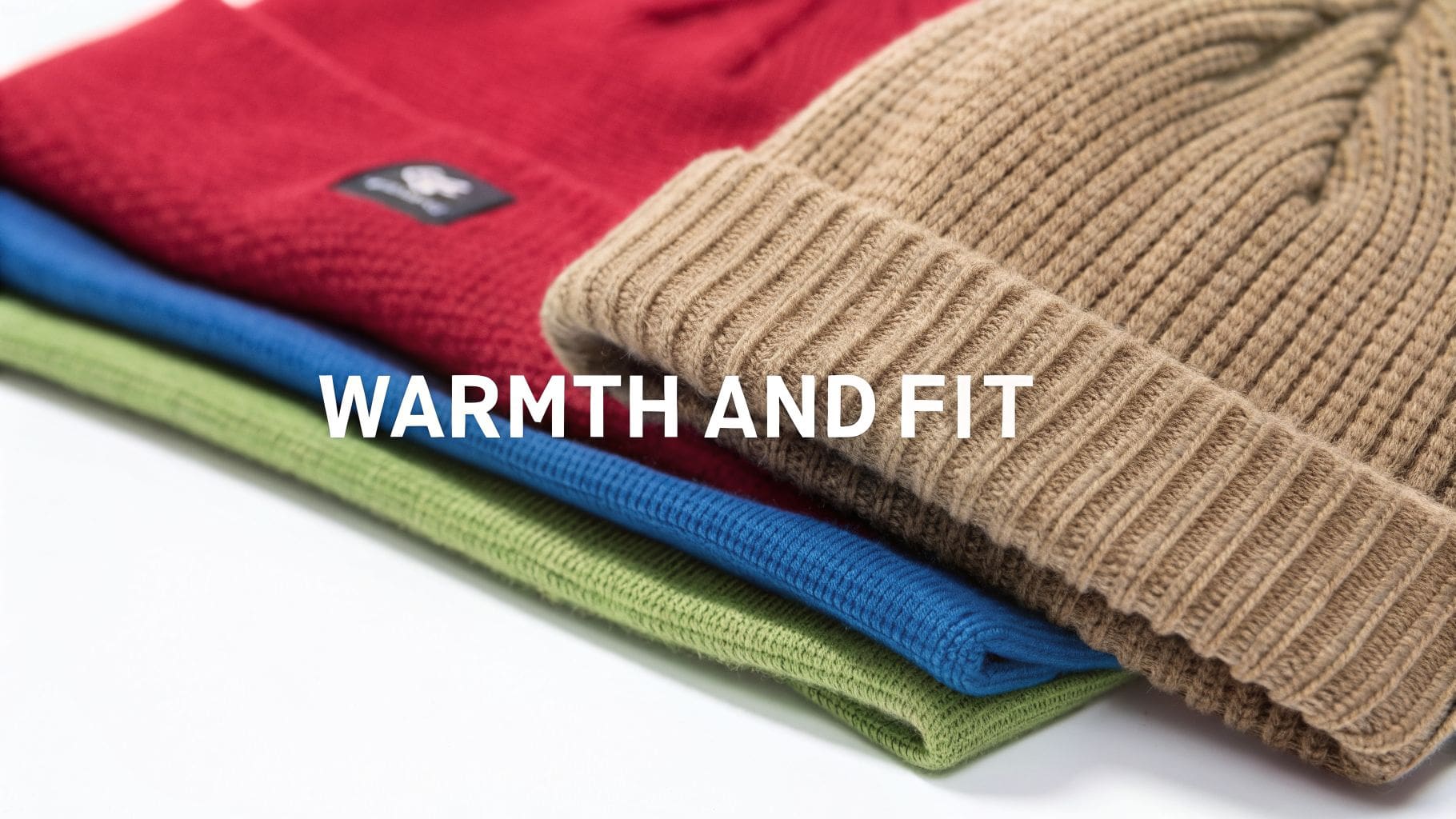 A close-up of a stack of warm, knitted winter beanies in red, blue, green, and tan colors.