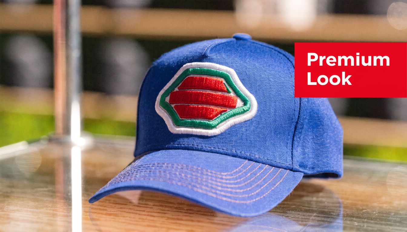 A close-up of a blue baseball cap featuring a unique multi-colored embroidered logo on the front.