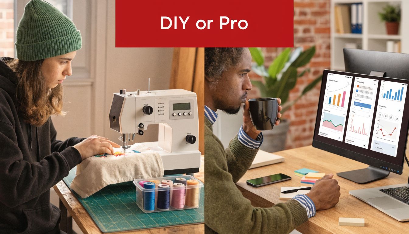 A split screen comparing a person using a sewing machine with a professional working on data analytics.