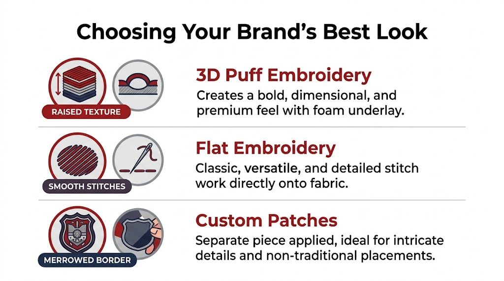 A comparison guide for branding techniques showing 3D puff embroidery, flat embroidery, and custom patches on apparel.