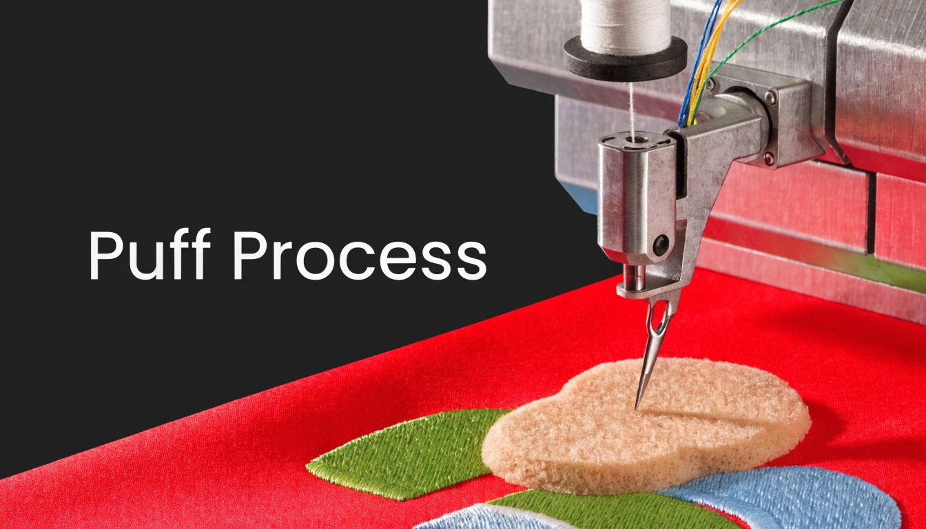 A professional industrial embroidery machine stitching 3D foam puff embroidery onto a bright red fabric surface.