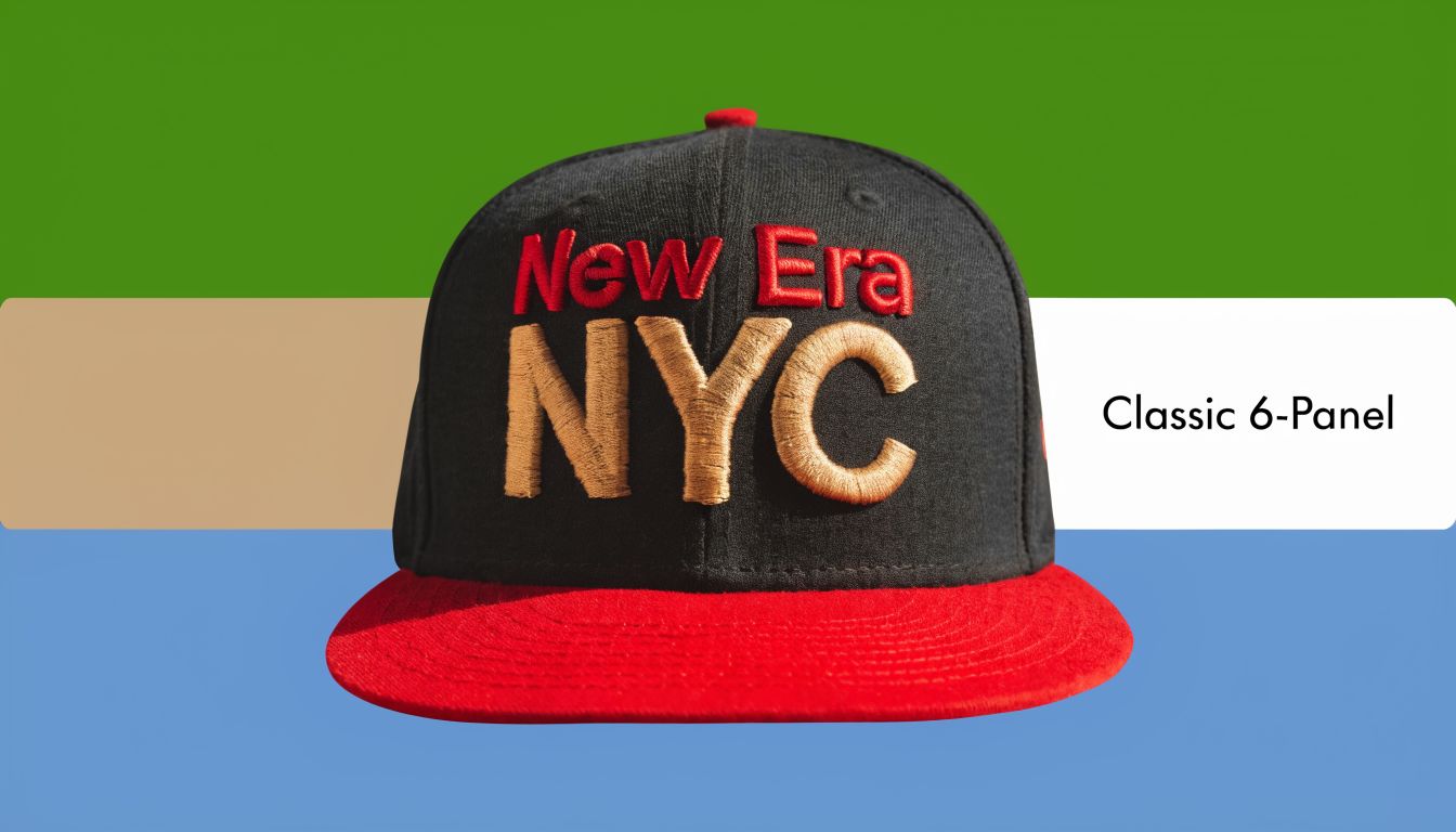 A black New Era baseball cap with NYC embroidered in gold text against a colorful background.