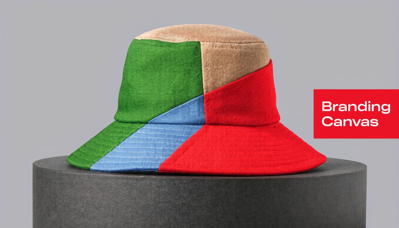 A colorful multi-paneled bucket hat resting on a dark circular pedestal against a plain gray background.