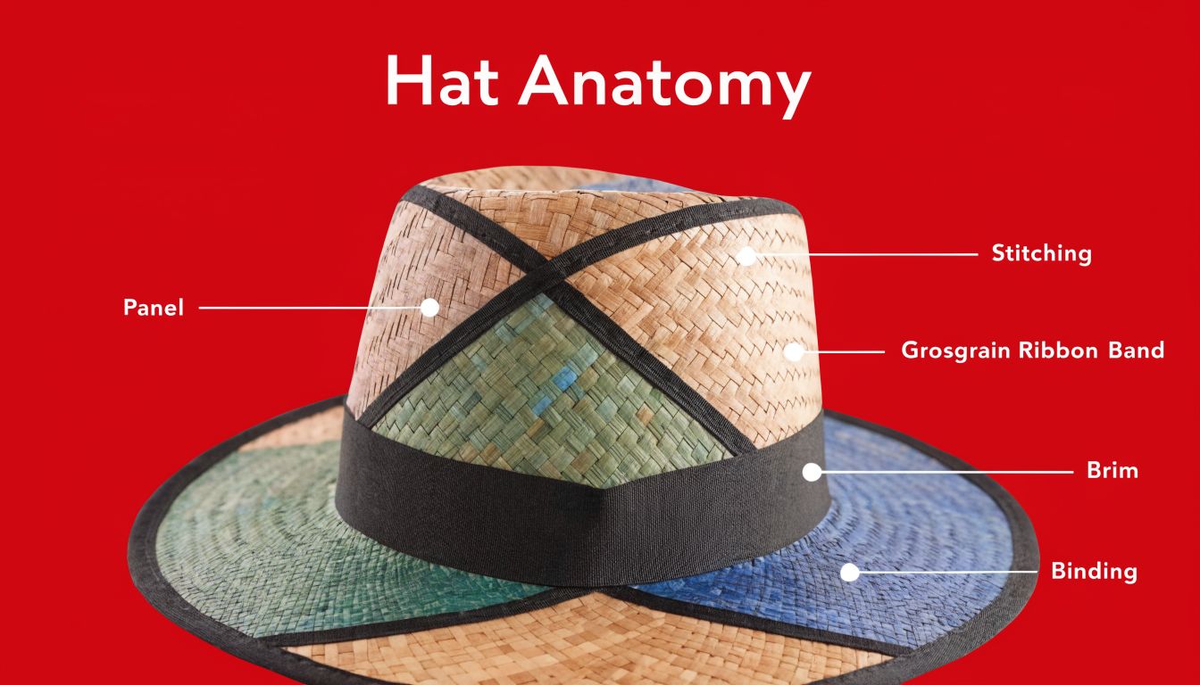 An educational diagram of a multi-colored straw fedora hat showing its specific parts like panel and brim.