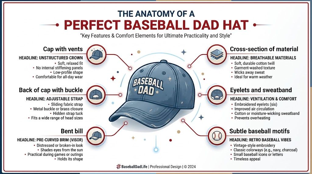 An infographic titled The Anatomy of a Perfect Baseball Dad Hat, explaining its key features and benefits.