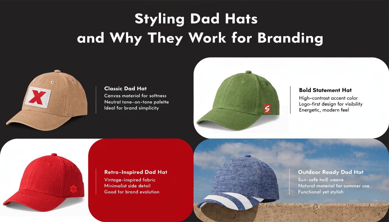 A visual guide showcasing four different styles of baseball dad hats for effective brand promotion and marketing.