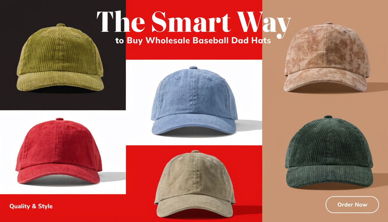 A collection of various colored wholesale baseball dad hats displayed against a colorful background graphic design.