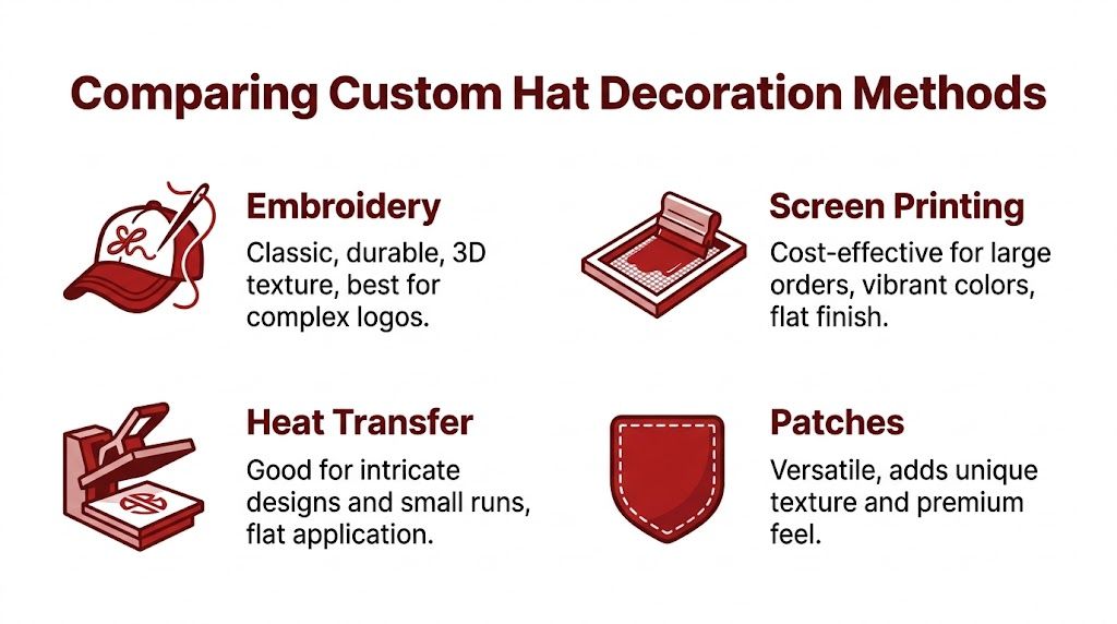 A comparison chart outlining four custom hat decoration methods including embroidery, screen printing, heat transfer, and patches.