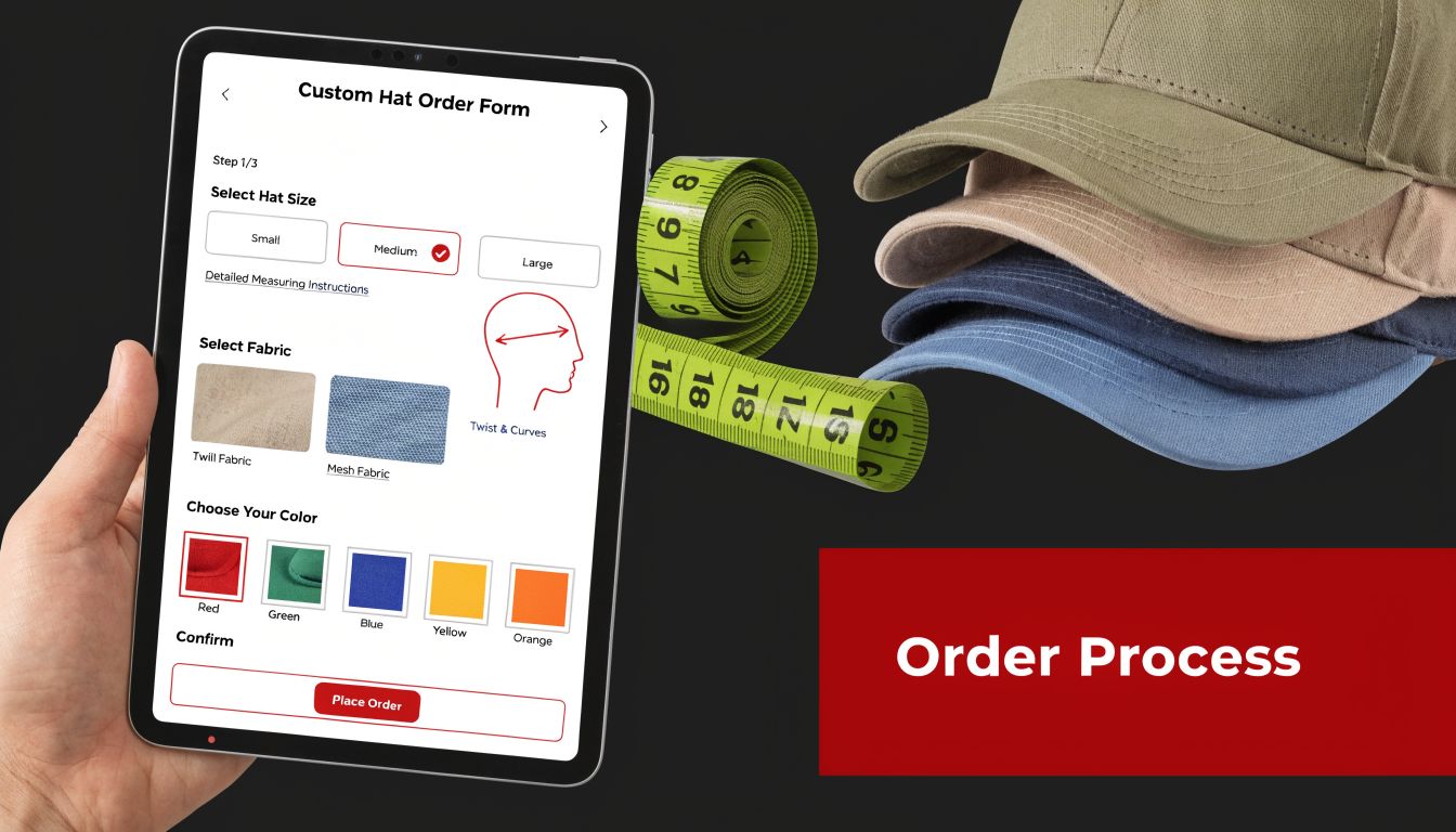 A tablet screen displaying a custom hat order form alongside a stack of colored baseball caps.