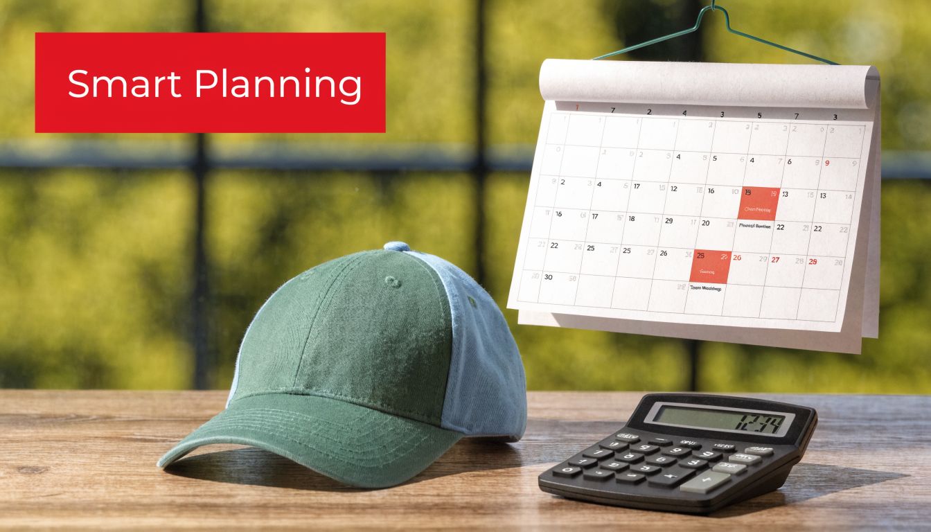 A green and blue baseball cap sits on a wooden desk next to a calculator and hanging calendar.