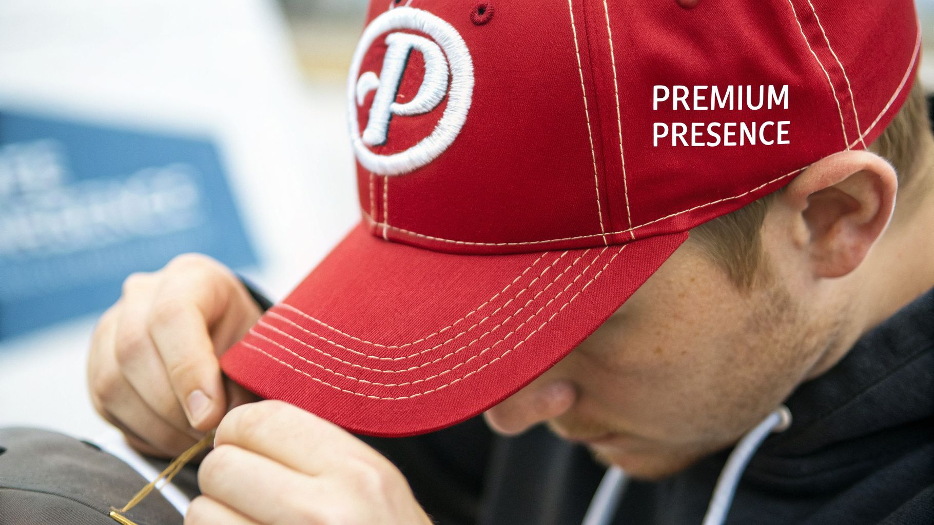 Close-up of a person wearing a red baseball cap with a white 'P' logo, engaged in custom stitching.
