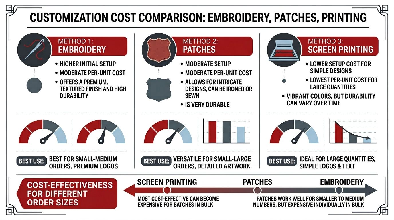 A comparison chart showing the costs and best uses for embroidery, patches, and screen printing customization methods.