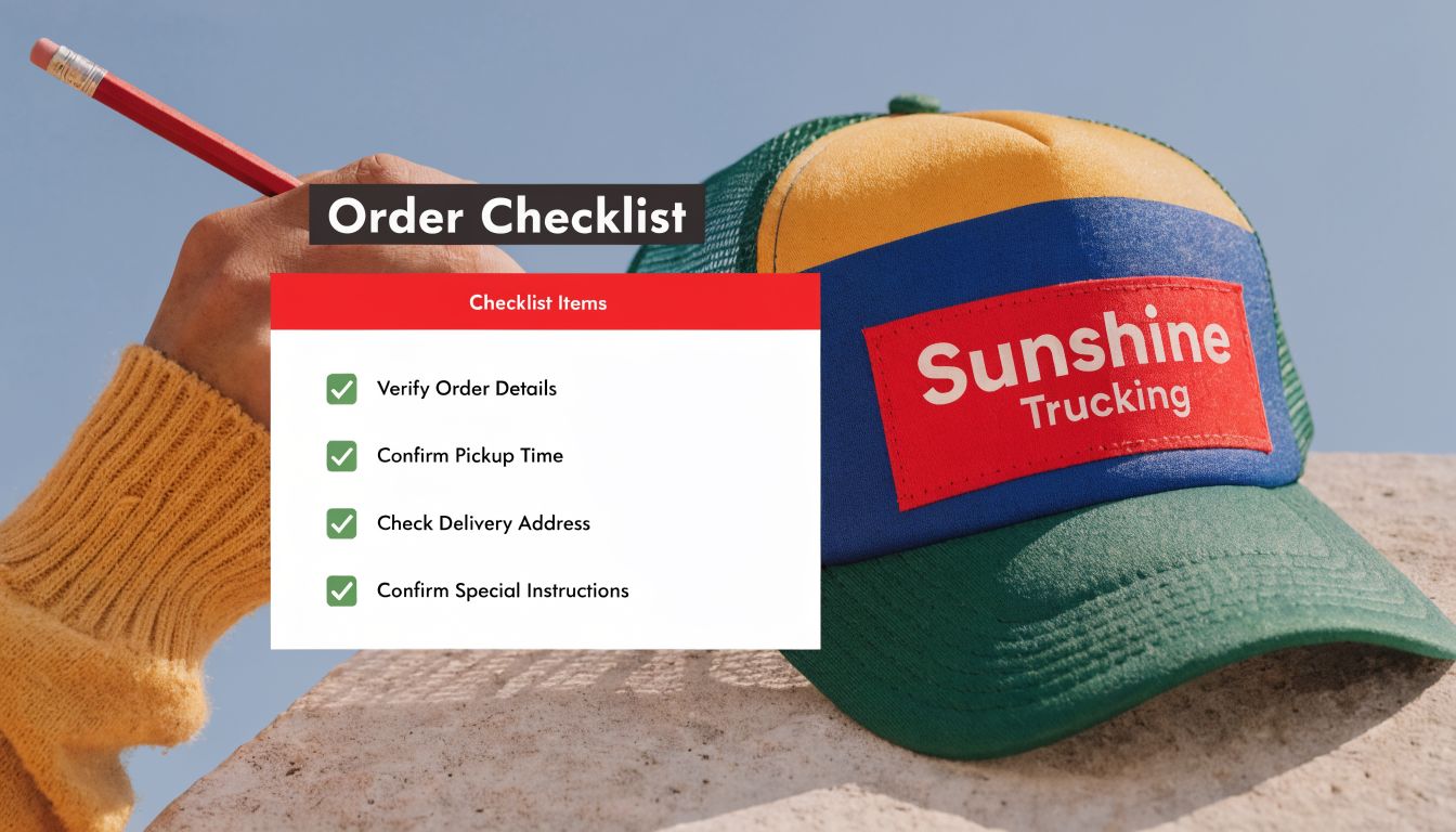 A hand holding a pencil over an order checklist beside a colorful custom trucker hat.