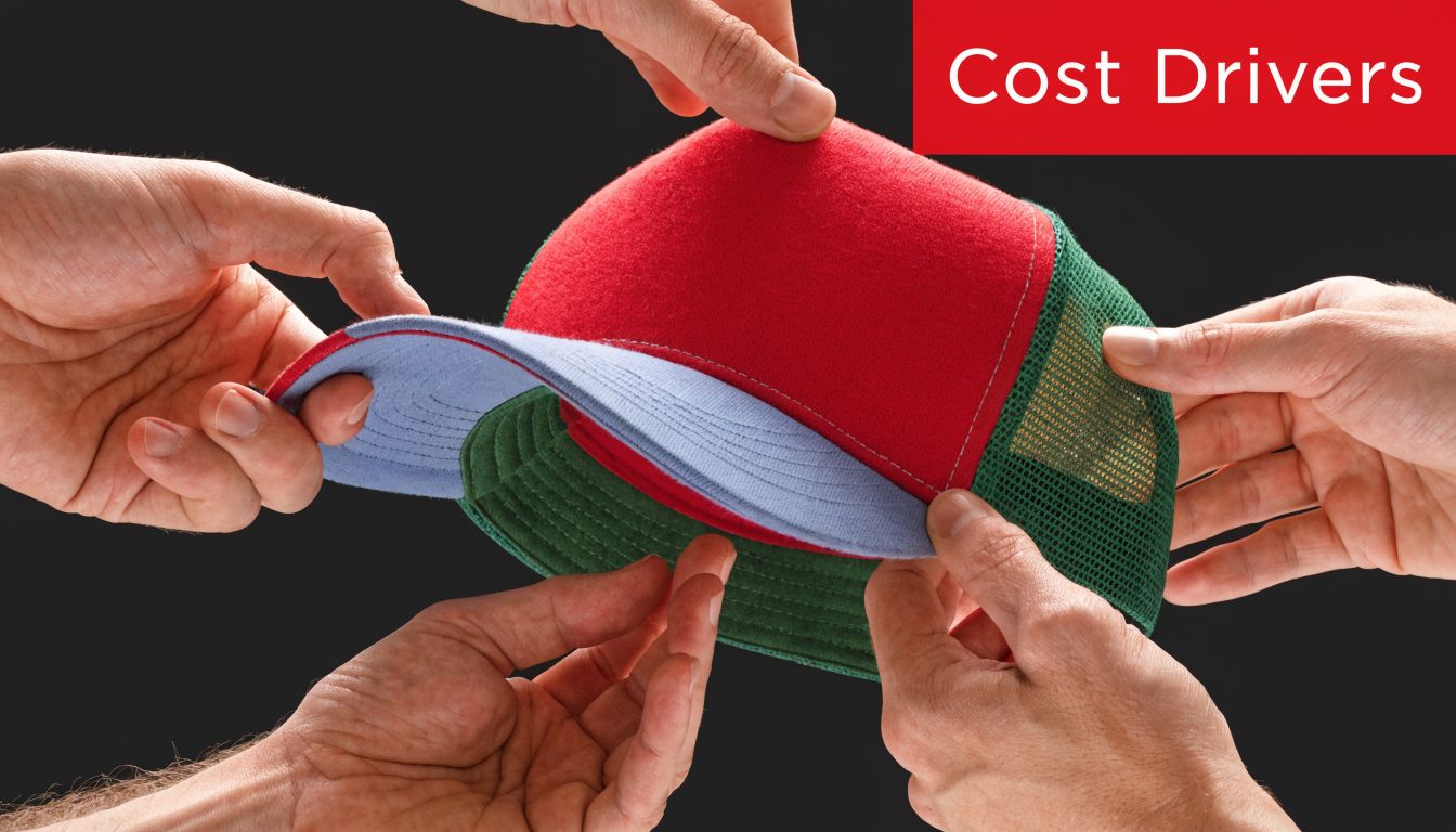 Multiple hands pulling on a colorful custom trucker hat against a dark background.